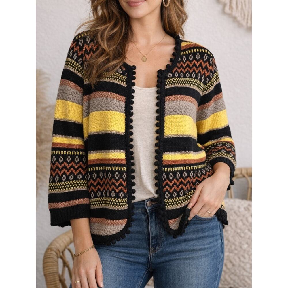Together Est. 1984 Boho Knit Cardigan Sweater Pom Trim Striped Size 16/ XL Y2K
